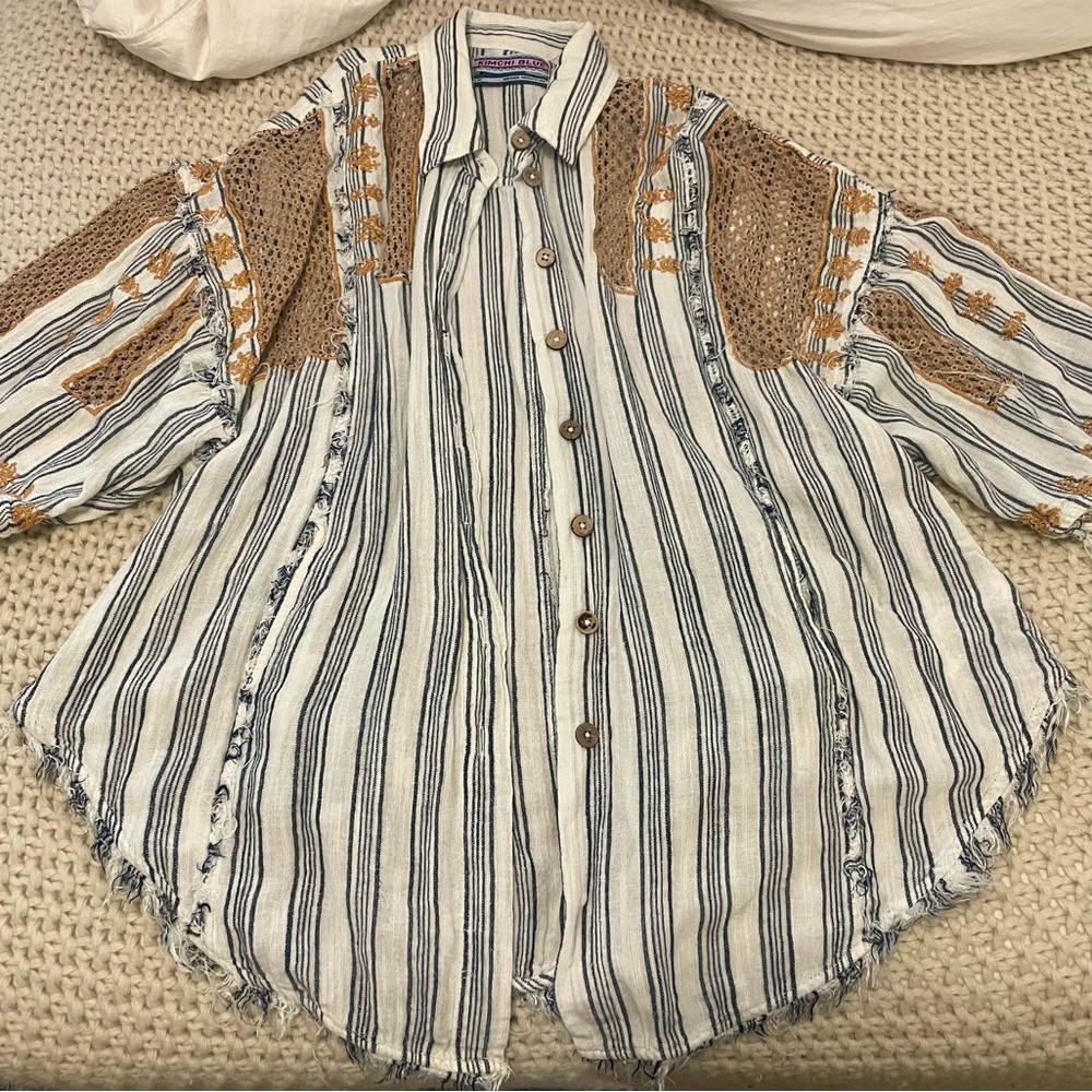 Kimchi Blue Striped Button-Up Blouse with Crochet Details